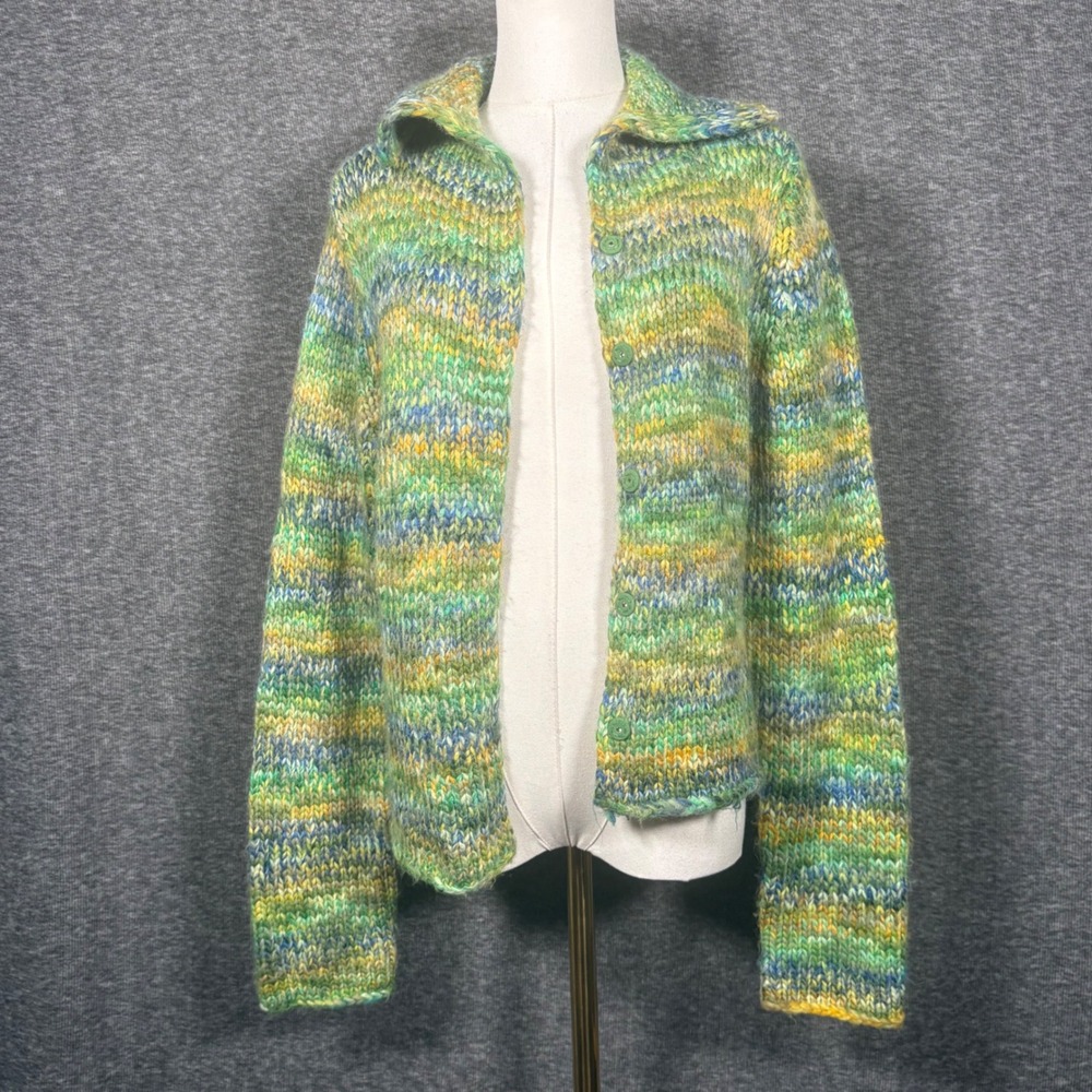 Liz Claiborne Chunky Knit Space Dye Green Button Cardigan Womens Medium Cozy